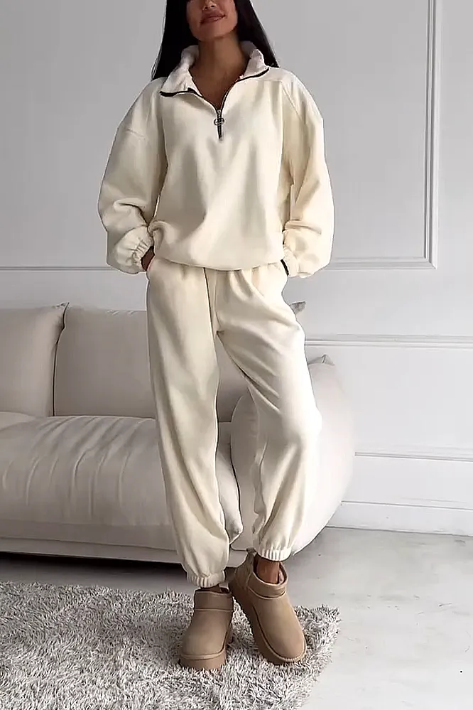 Women's Solid Color Half Collar Top & Pants Two Piece Set