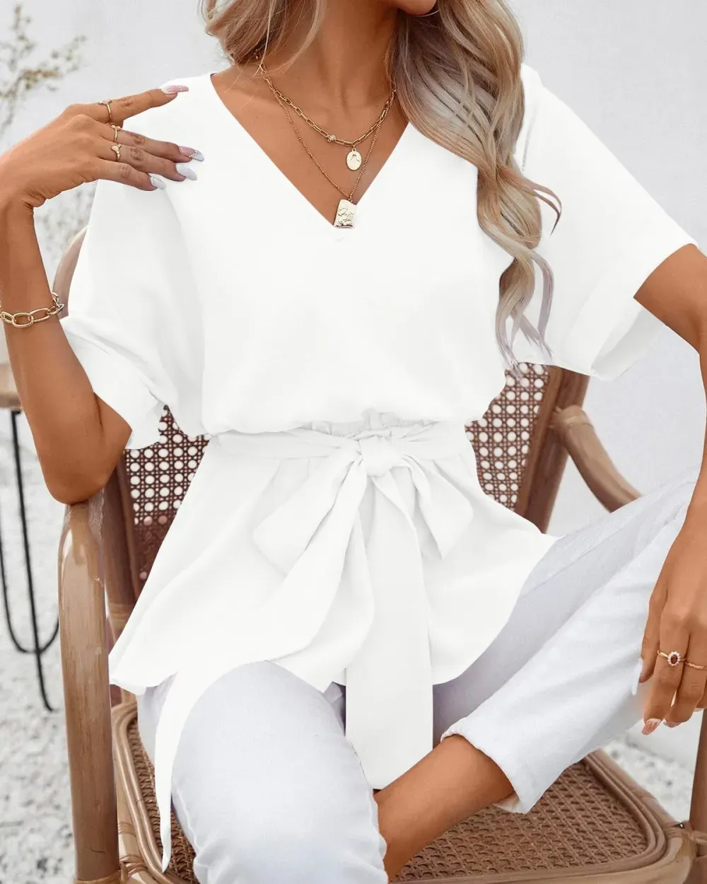 ✨Womens V Neck Blouse Short Sleeve Belted Casual T-Shirts Basic Tee Tops