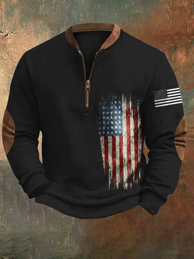 Men's Vintage American Flag Zip Collar Sweatshirt