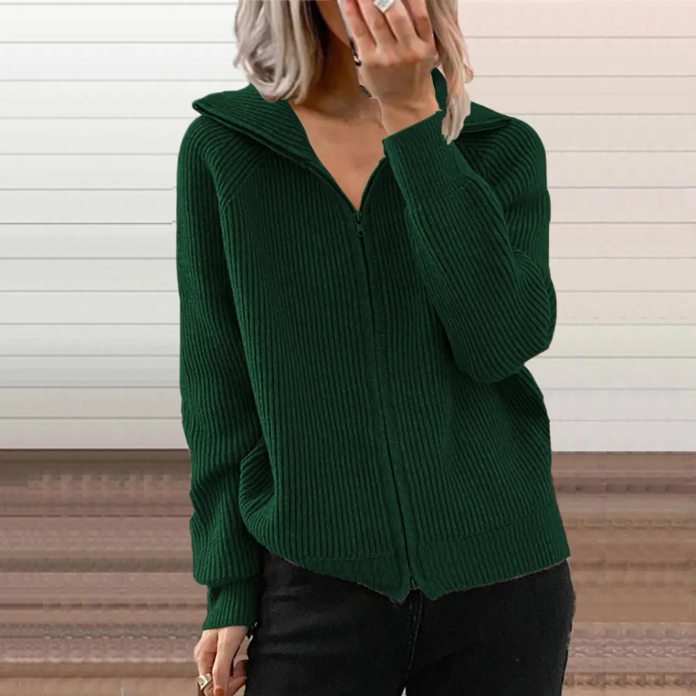 Fashionable Solid Color Loose Knit With Zipper Lapel Sweater