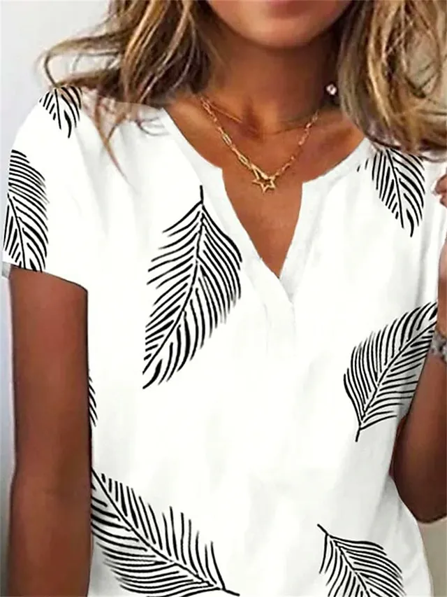 Women's T shirt Tee Henley Shirt Leaf Holiday Weekend White Pink Navy Blue Print Short Sleeve Basic V Neck Regular Fit