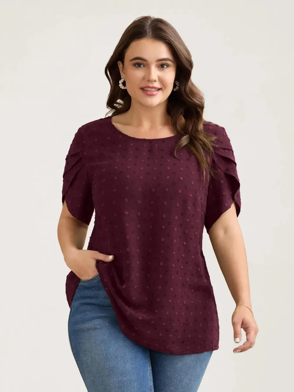 Textured Color Contrast Petal Sleeve Blouse