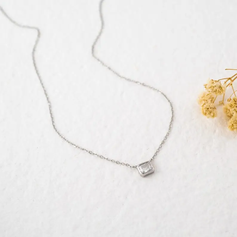 Bezel Cubic Zirconia Necklace, Baguette Necklace, Rectangle Necklace, Pendant Necklace, Minimalist Necklace, Dainty Necklace, Gift for Her,
