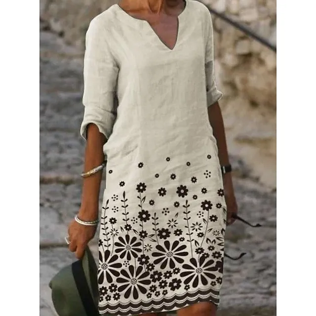 Women‘s Casual Dress Midi Dress Leopard Black White Half Sleeve Floral Print
