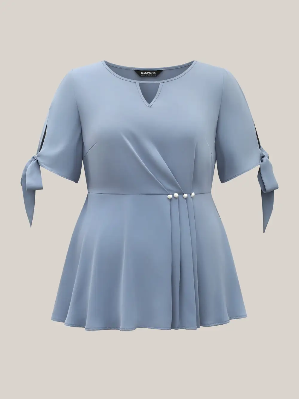 Knotted Sleeve Pearl Detail Keyhole Blouse