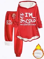 Women's Warm Daily Two Piece Sets Tracksuit Pants Sets Long Sleeve Hooded Graphic Letter Drawstring Print Casual Daily Black Dark Pink Red Fall Regular Fit