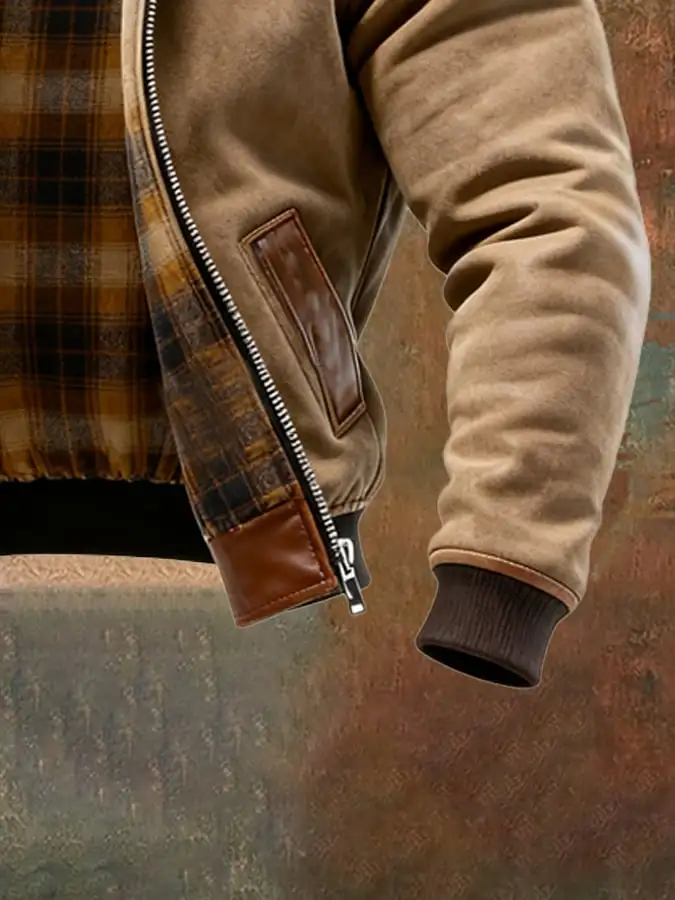 Men's Vintage Suede and Plaid Lining Multi-Pocket Outdoor Jacket