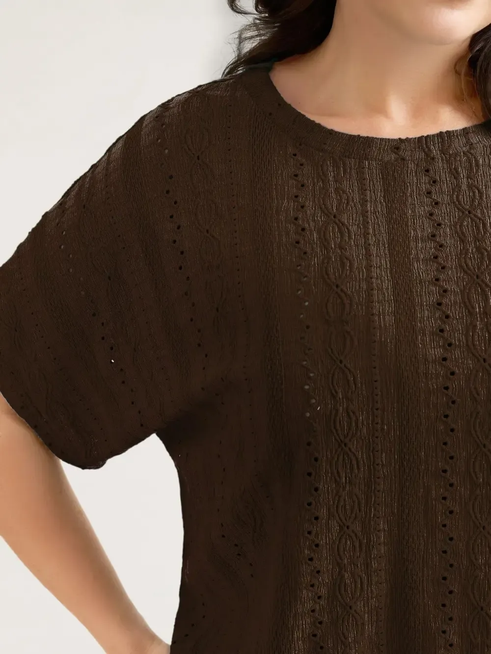 Eyelet Trim Stretchy Textured Plain Top