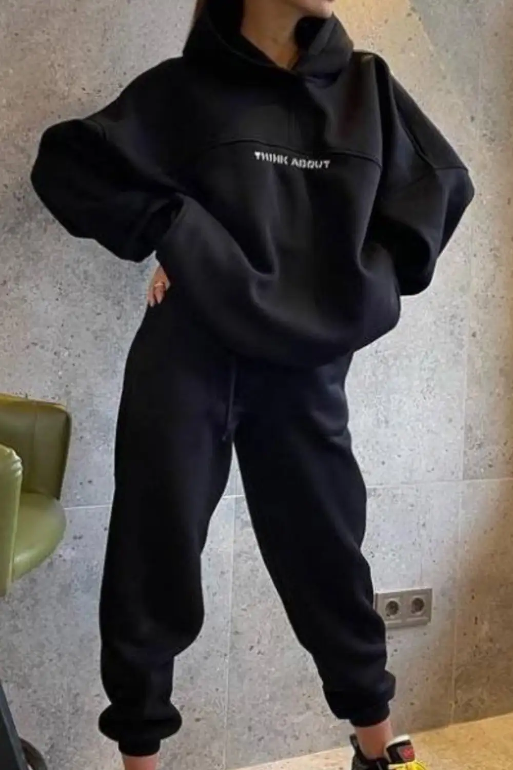 Letter Graphic Drawstring Hoodie Long Pants Suits