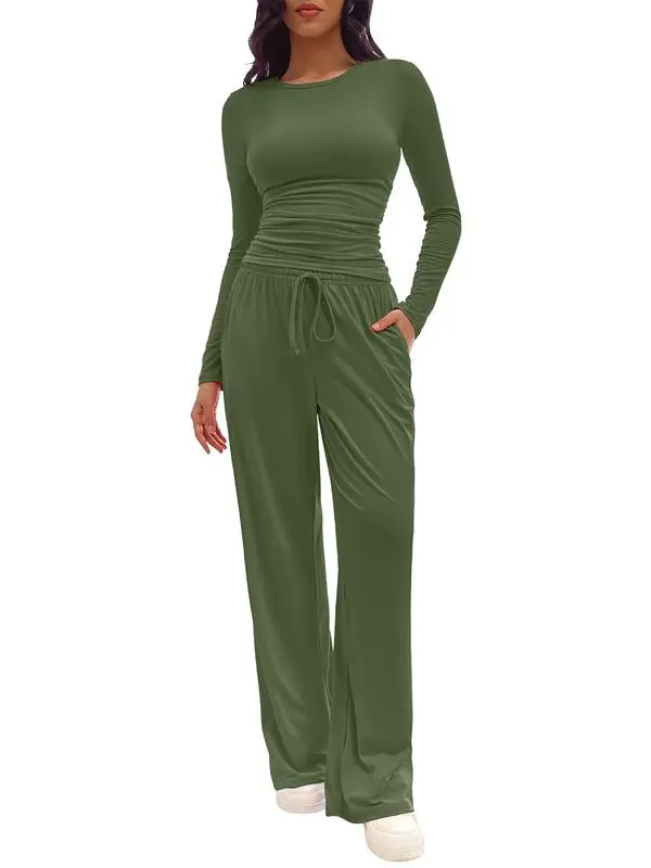 Women's 2-Piece Lounge Set – Solid Ruched Tee & Drawstring Pants, Casual Everyday Sleepwear.