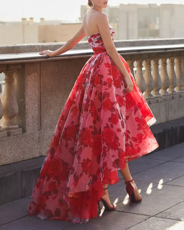 IRREGULAR CHIFFON SILK PRINT DRESS GOWN