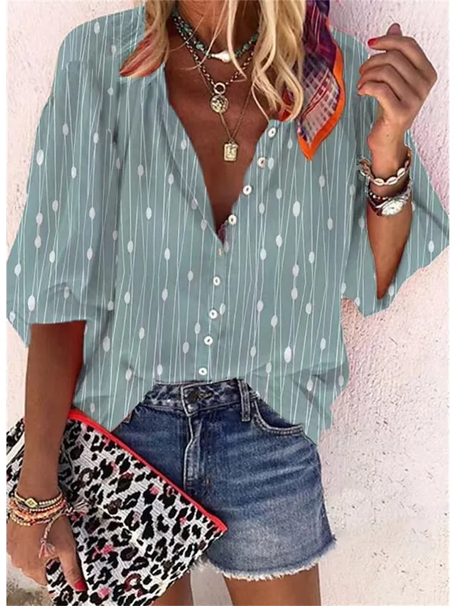 Women's Shirt Blouse Pink Red Blue Graphic Button Print Long Sleeve Casual Basic V Neck Regular Fit Spring Fall