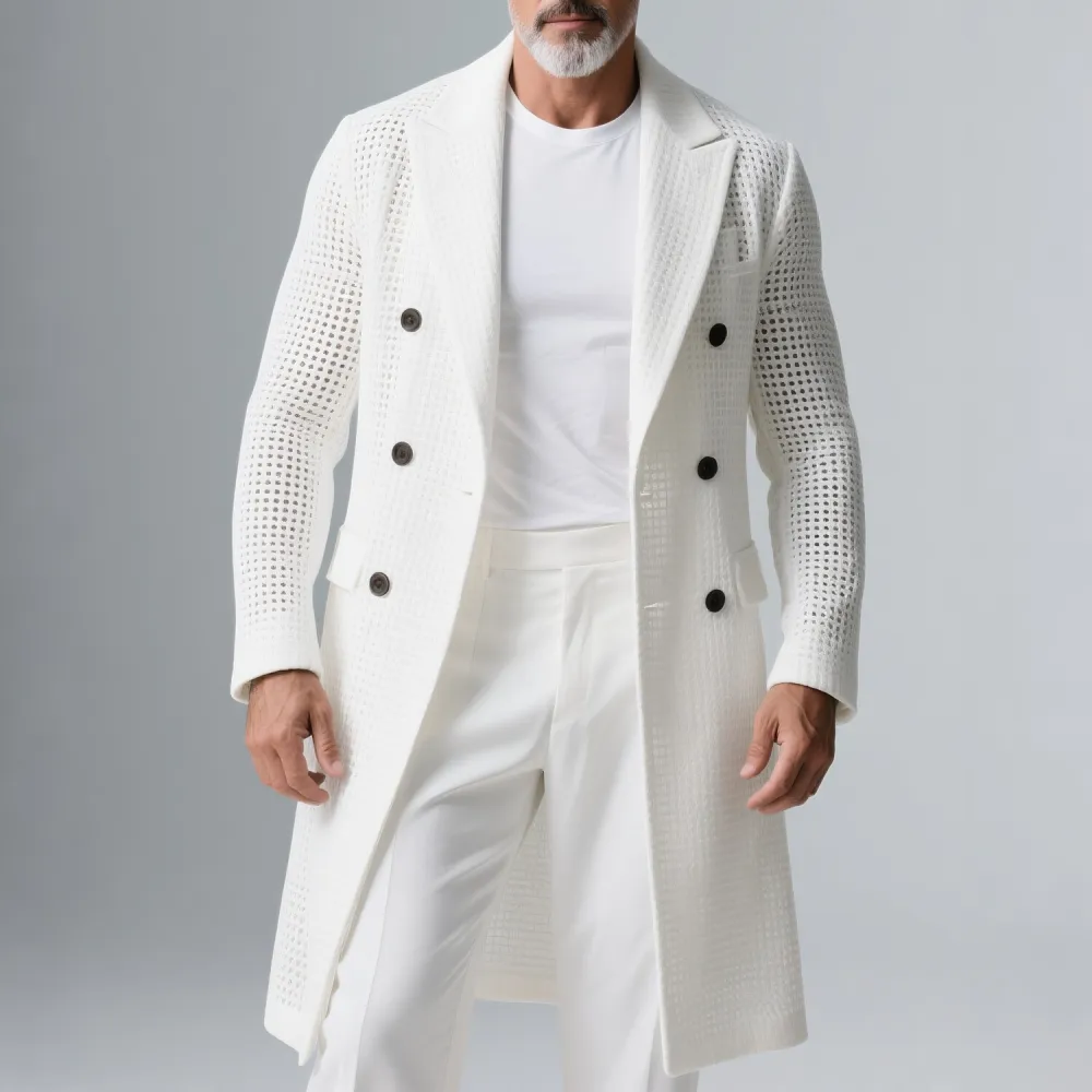 Men's Hollow Out Peak Lapel Long Sleeve Double Breasted Mid-Length Overcoat