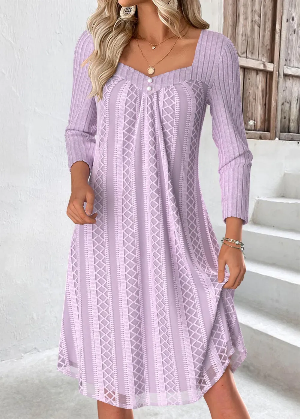 Light Purple Tummy Coverage Long Sleeve Heart Collar Dress