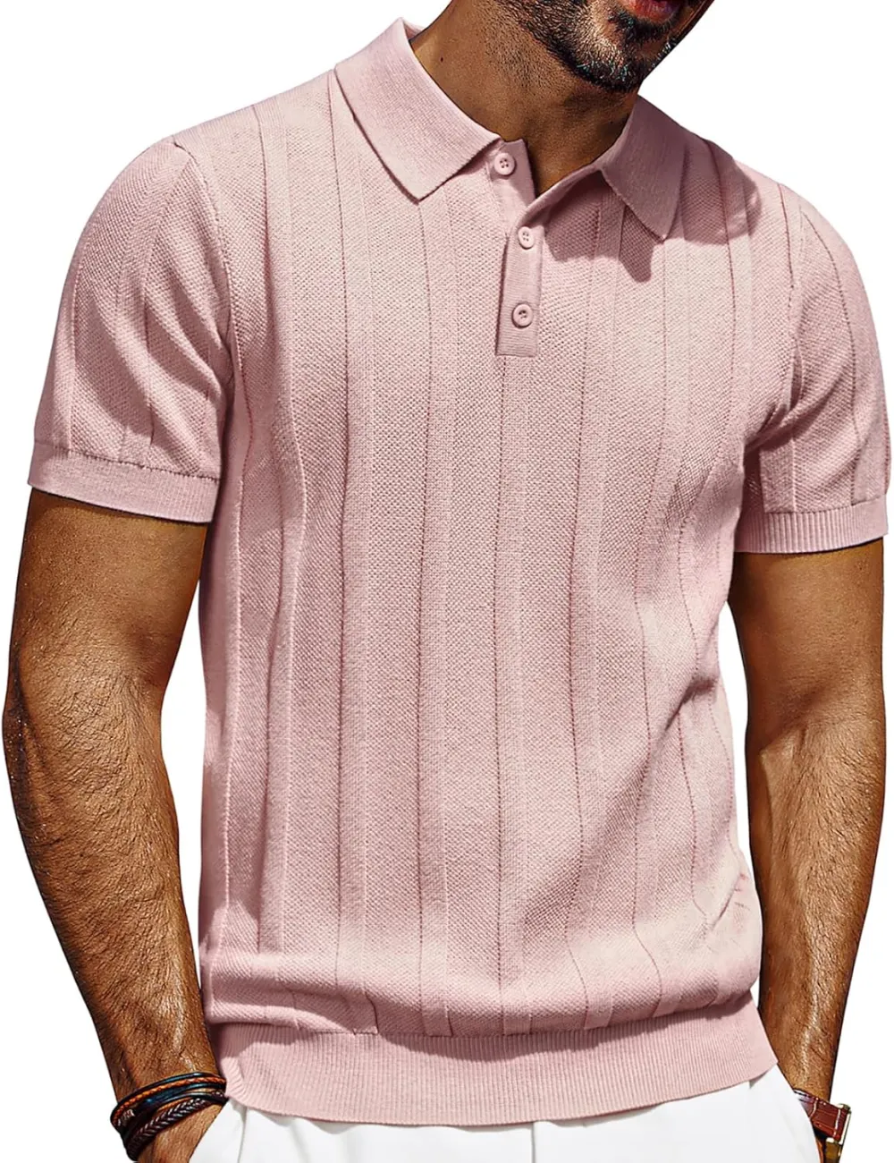 CLEARANCE SALE🔥Mens Polo Shirts Short Sleeve Textured Knit Polo Shirt Ribbed Casual Golf Shirts