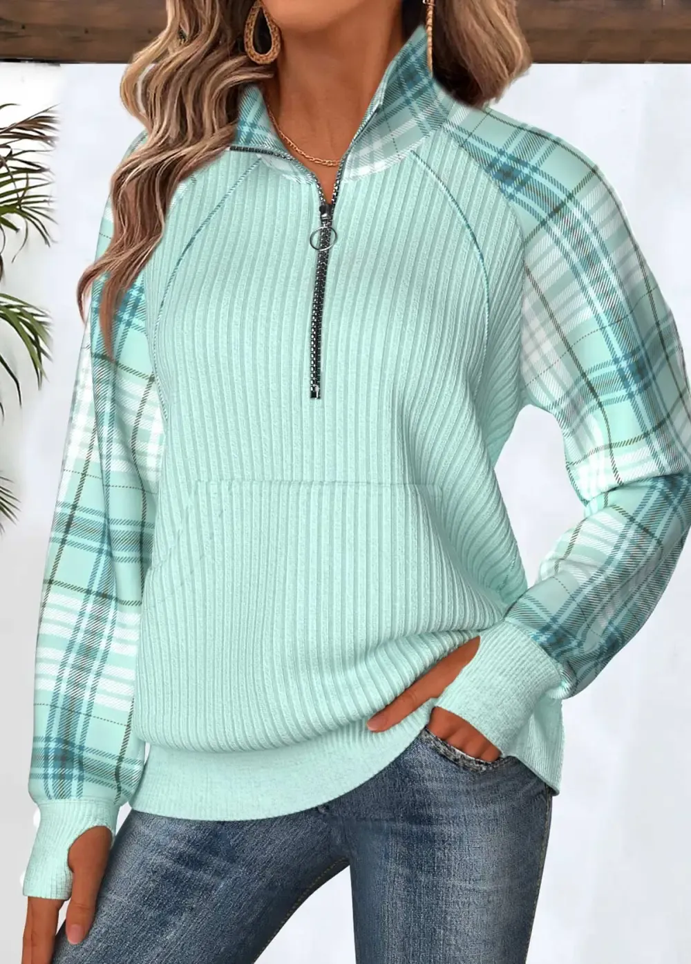 Light Green Tummy Coverage Plaid Long Sleeve Sweatshirt
