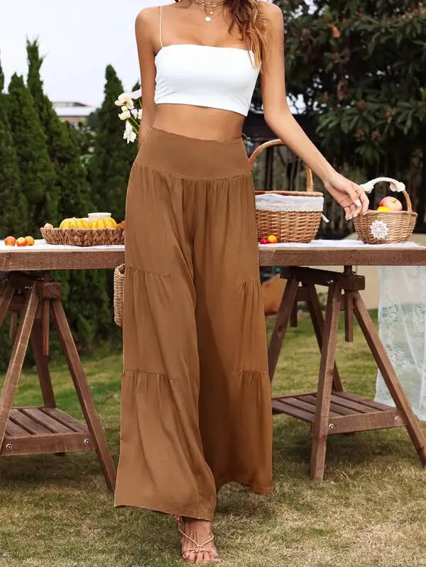 women's casual wide leg cotton and linen high waist trousers