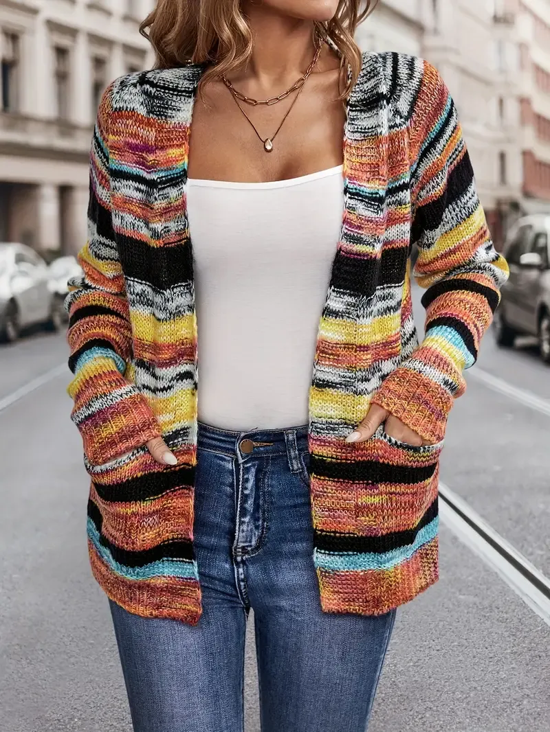 Cozy Rainbow Stripe Knit Cardigan: Durable Women's V-neck Casual Sweater with Pockets for Fall/Winter
