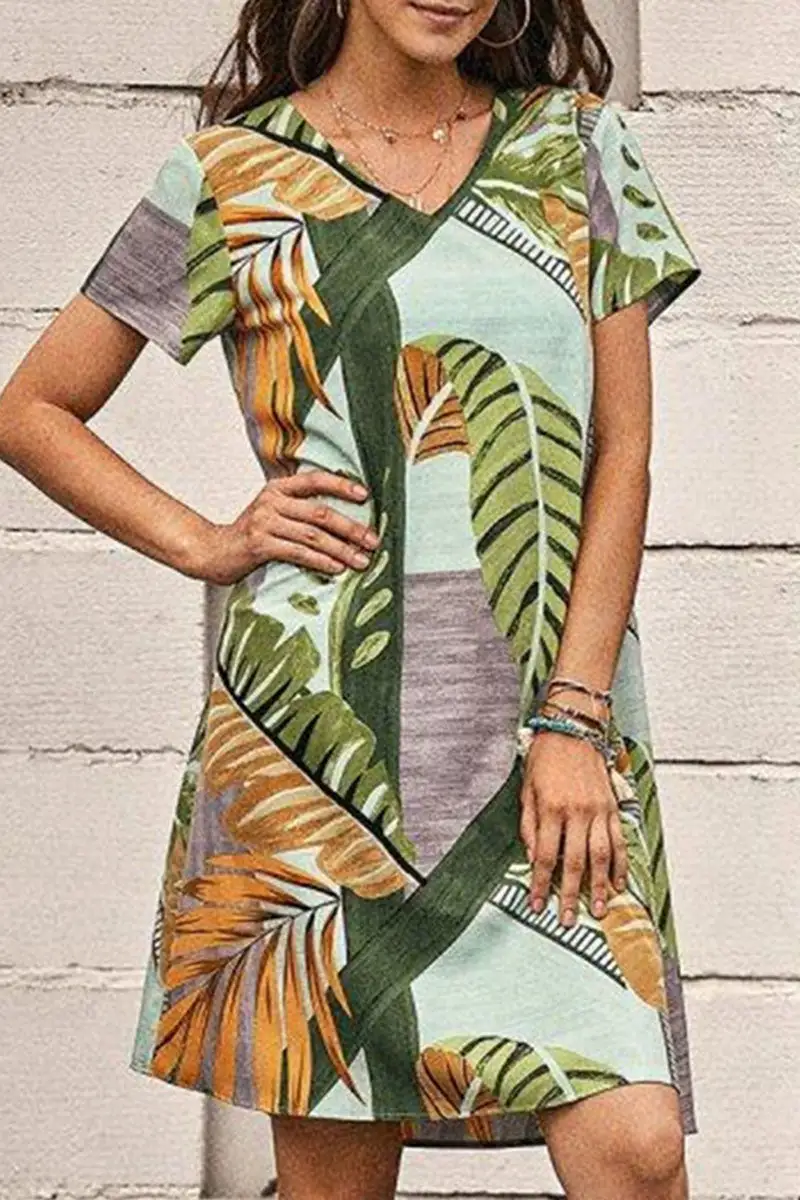 Fashion Casual Print Split Joint V Neck A Line Dresses
