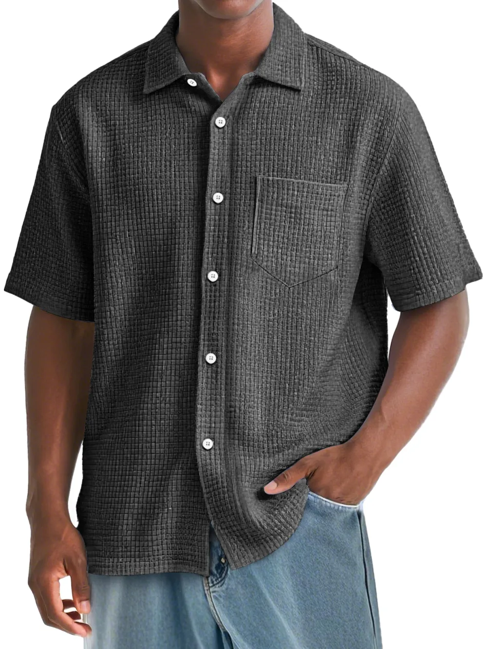 Men's Daily Waffle Texture Casual Pocket Comfort Short Sleeve Shirt
