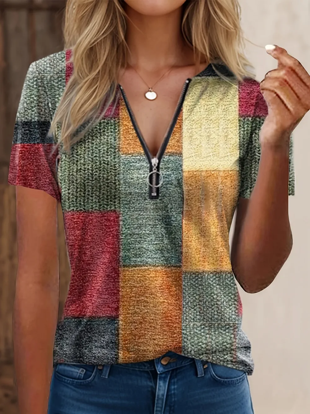 Short Sleeve Plaid Print V Neck T-Shirt