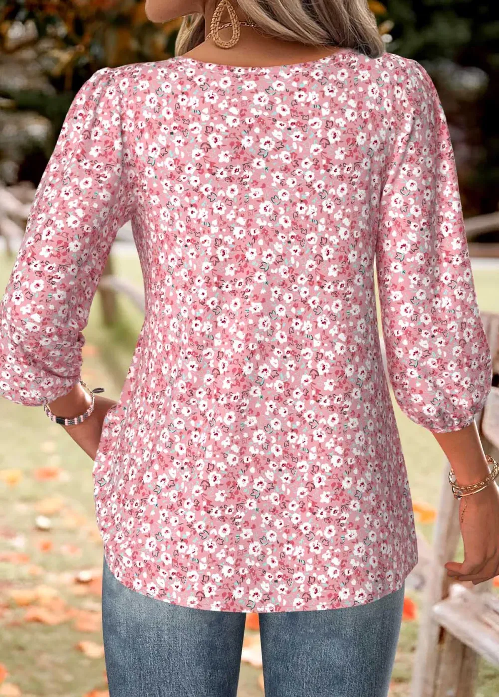 Pink Ditsy Floral Print 3/4 Sleeve Split Neck Blouse