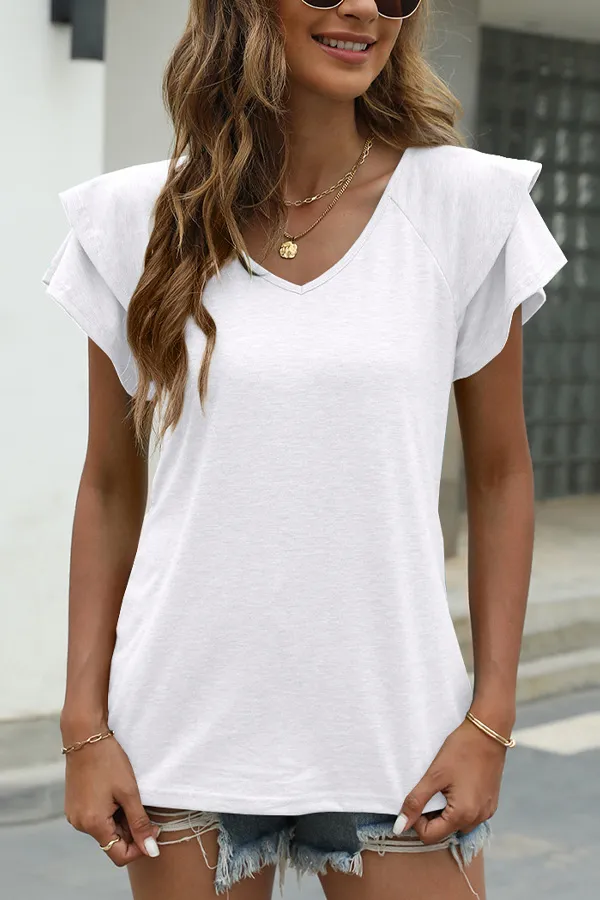 Solid Ruffled Sleeve V-Neck T-Shirt