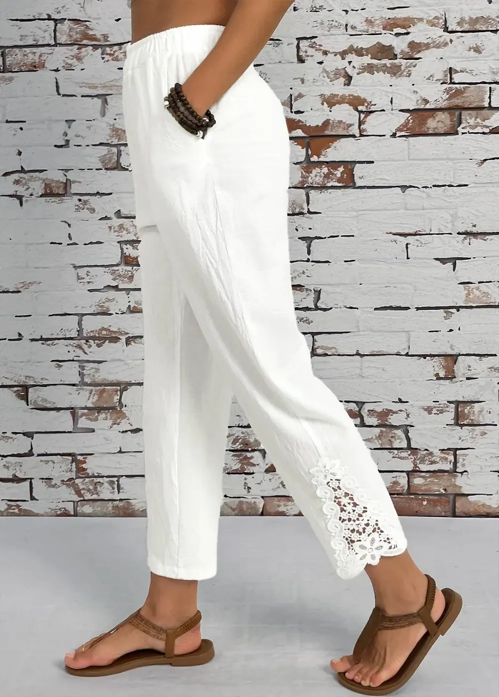 White Pocket Straight Leg Elastic Waist High Waisted Pants