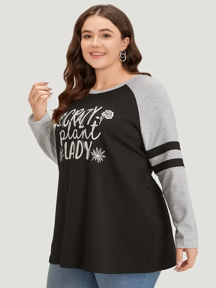 Letter & Floral Print Striped Patchwork Raglan Sleeve Sweatshirt