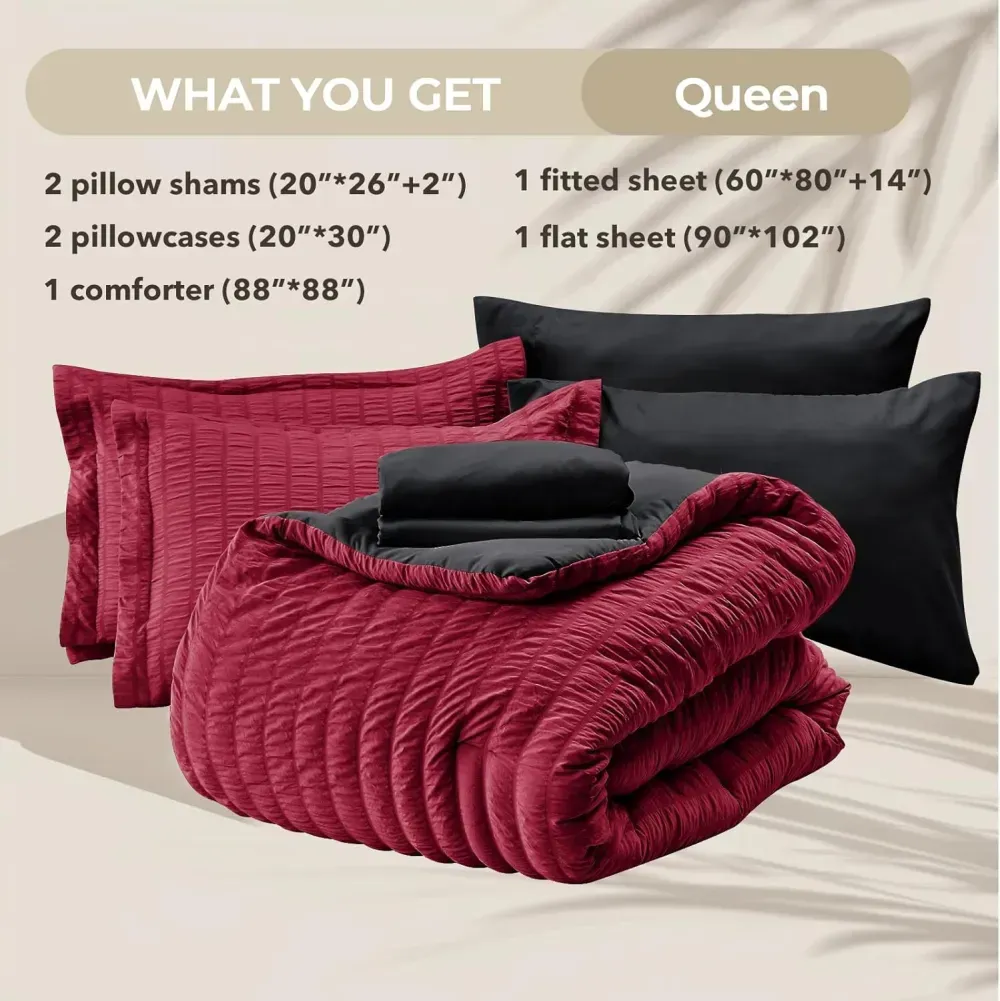 Queen Comforter Set Seersucker 7 Pieces, All Season Luxury Bed in a Bag for Bedroom, Bedding Set with Comforters, Sheets, Pillowcases & Shams, Dark Grey