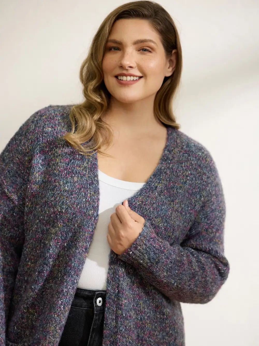 Heather Drop Shoulder Pockets Knit Cardigan