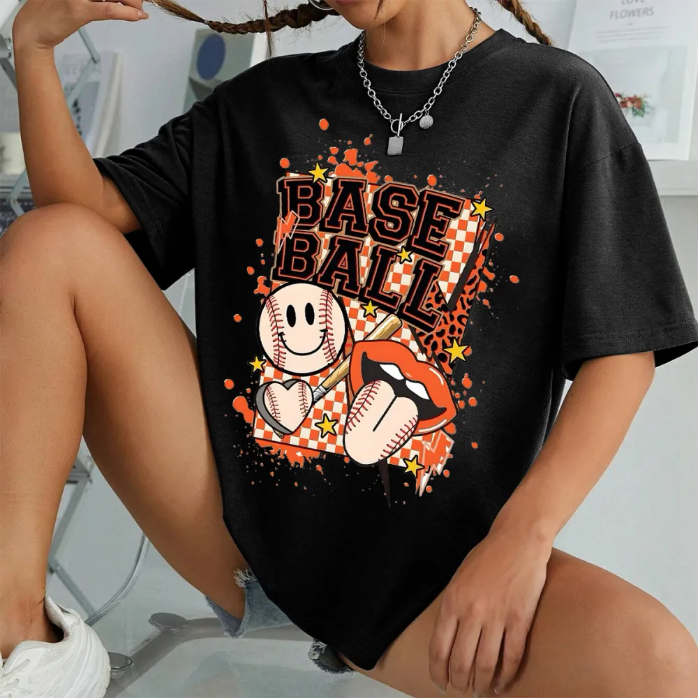 I Love Baseball Opening Day Printed Round Neck Short Sleeve T-Shirt