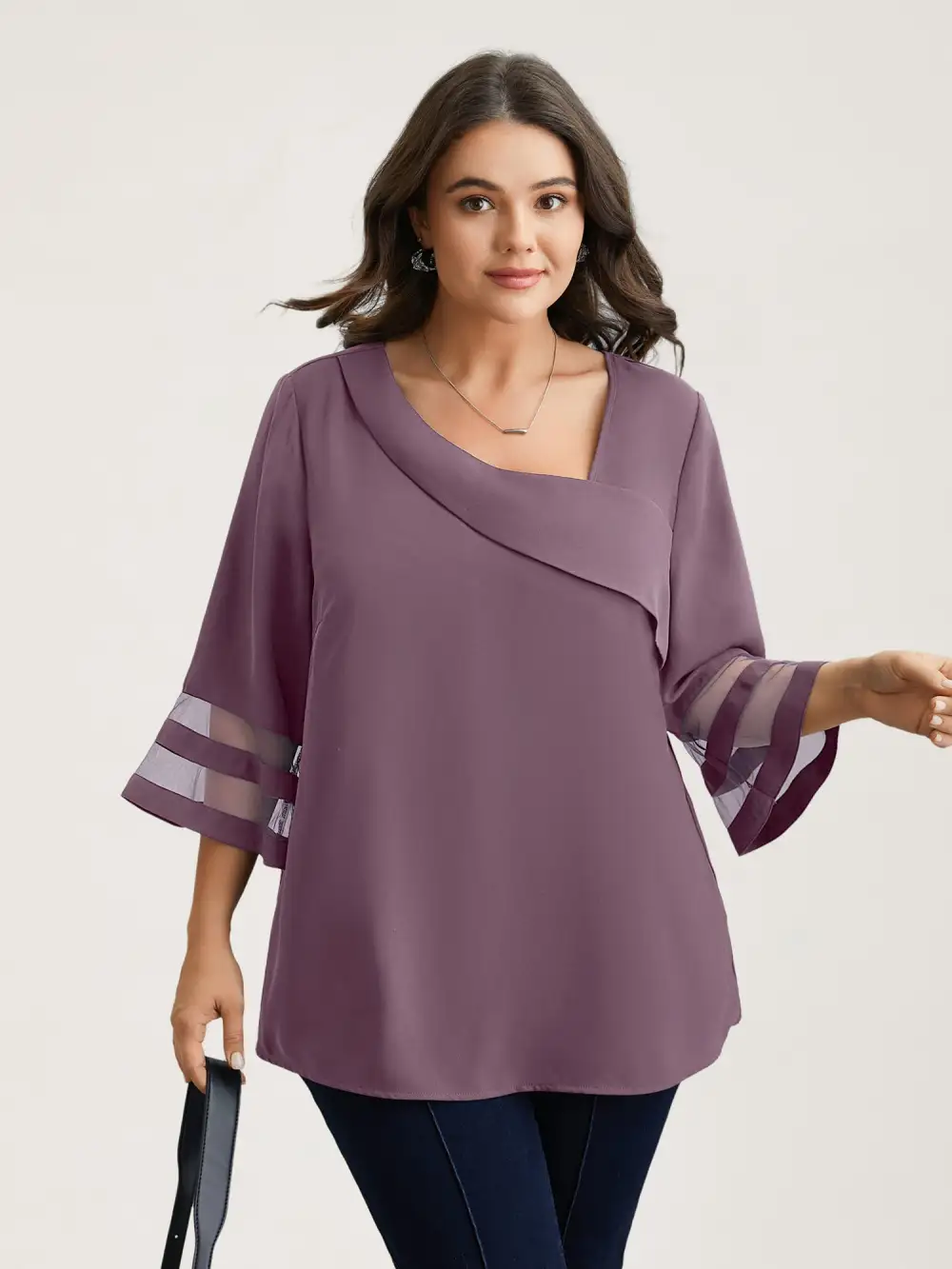 Sheer Sleeve Patchwork Asymmetrical Neckline Blouse