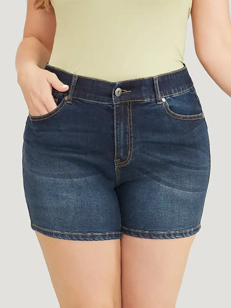 Very Stretchy High Rise Slant Pocket Denim Shorts