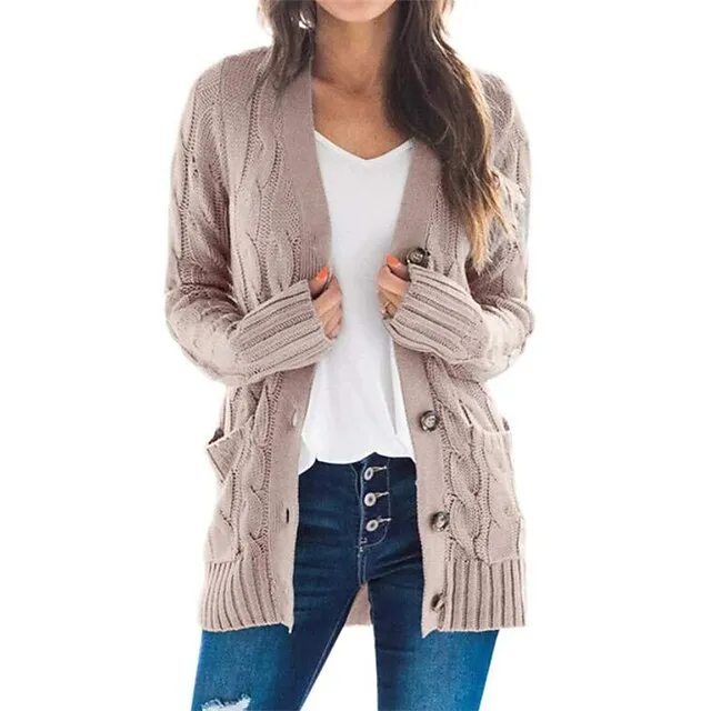 Women's Cardigan Pocket Knitted Button Solid Color Casual Chunky Long Sleeve Regular Fit Sweater Cardigans