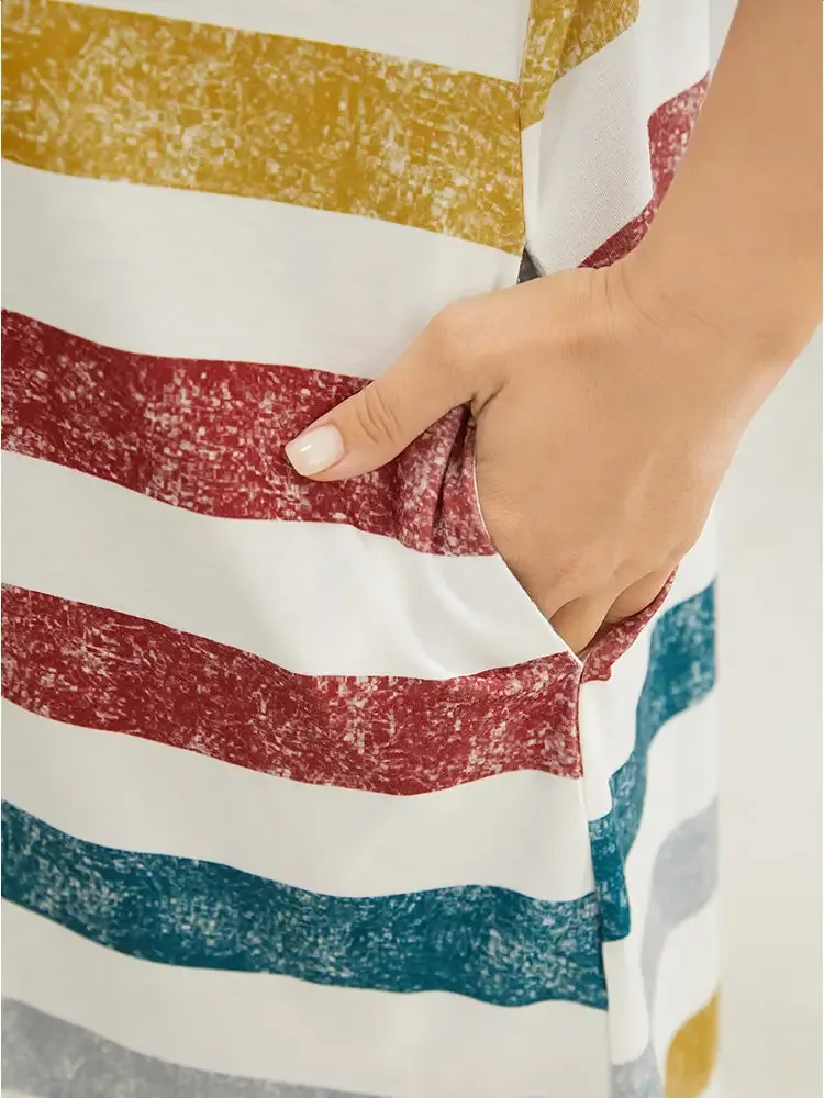 Striped Contrast Arc Hem V Neck Pocket Dress