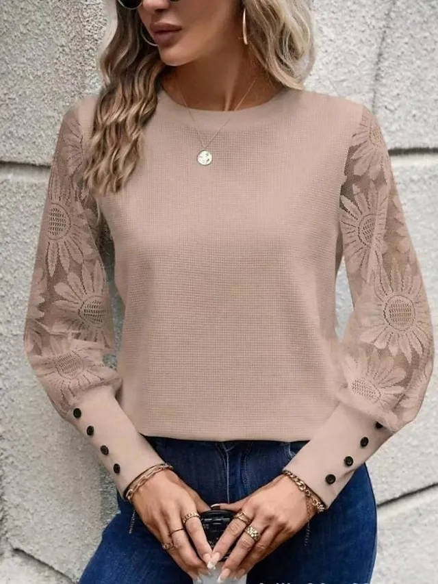Women's Blouse Dressy Tops Lace Button Daily Elegant Long Sleeve Crew Neck Pink Summer