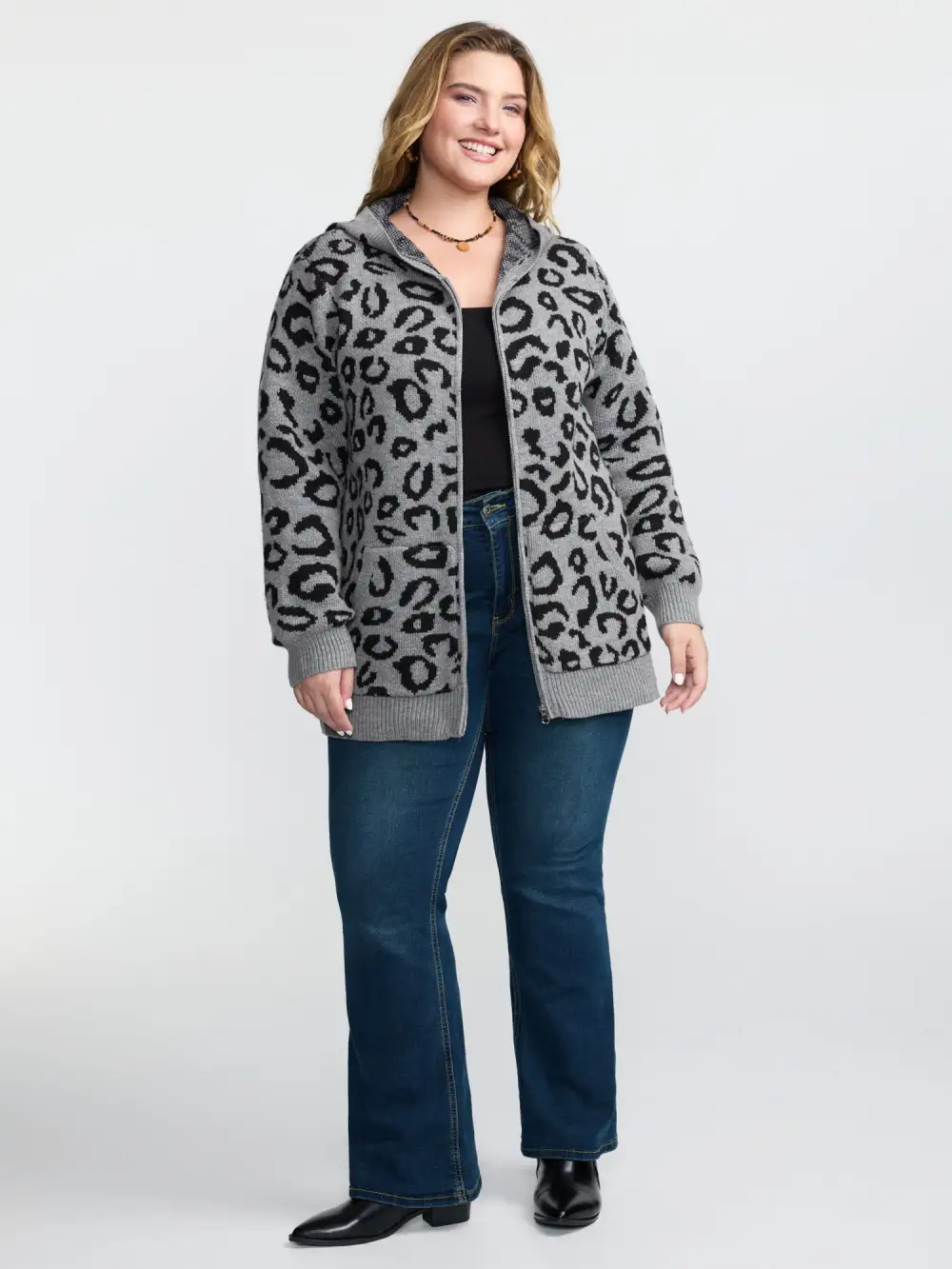 Leopard Print Jacquard Hooded Knit Cardigan