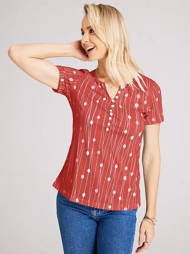 Women's Shirt Henley Shirt Blouse Polka Dot Striped Button Print Casual Tunic Basic Short Sleeve Round Neck Red