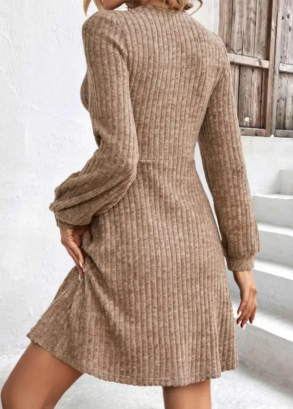 Light Coffee Patchwork Long Sleeve V Neck Dress
