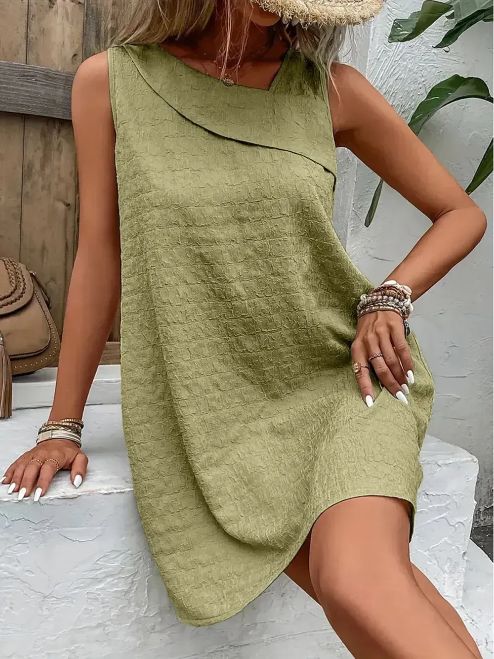 Women Short Dress Plain Asymmetrical Sleeveless Comfy Casual Dress