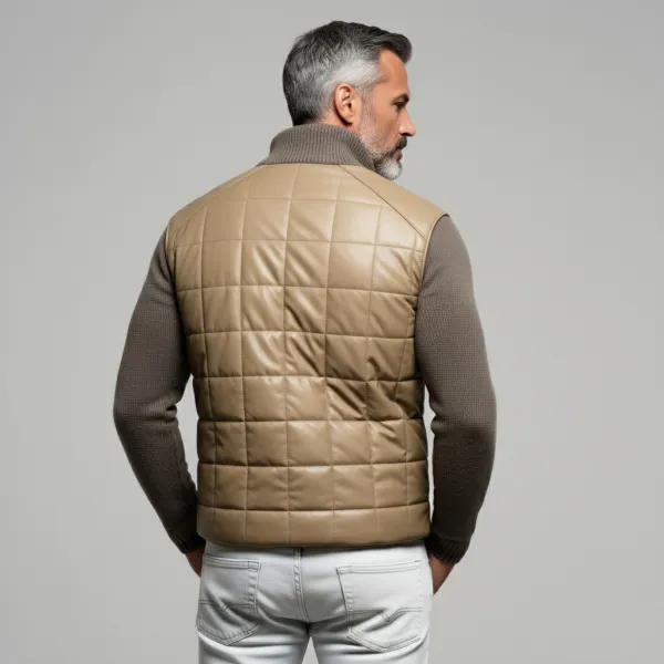 Men's Khaki Quilted PU Leather Patchwork Knitted Stand Collar Long Sleeve Zipper Pocket Jacket