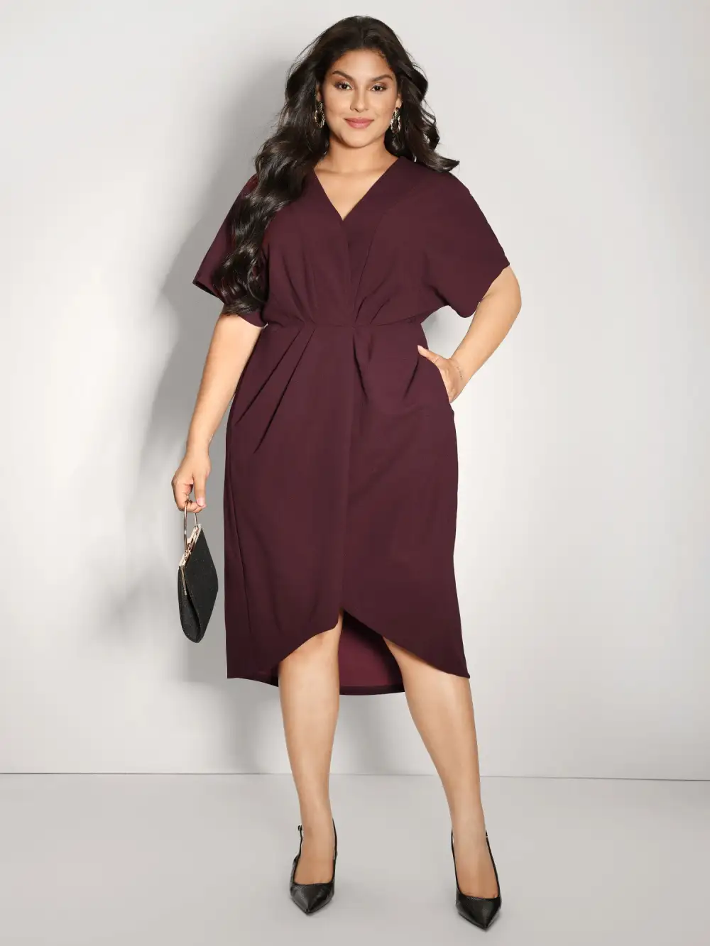 Drapey Ruched V-Neck Midi Dress