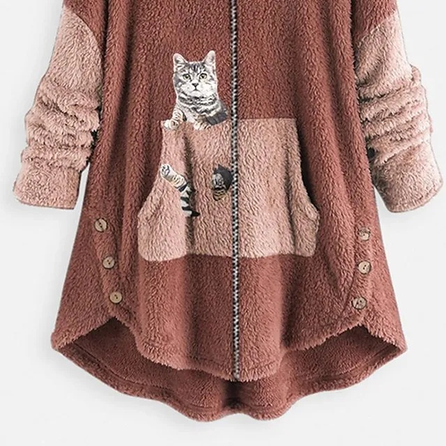 Women's Hoodie Sweatshirt Pullover Fleece Pullover Sherpa Fleece Teddy Zip Up Front Pocket Pink Green Dark Grey Cat Street Casual Hoodie Plus Size Long Sleeve Top Fleece lined Micro-elastic Fall