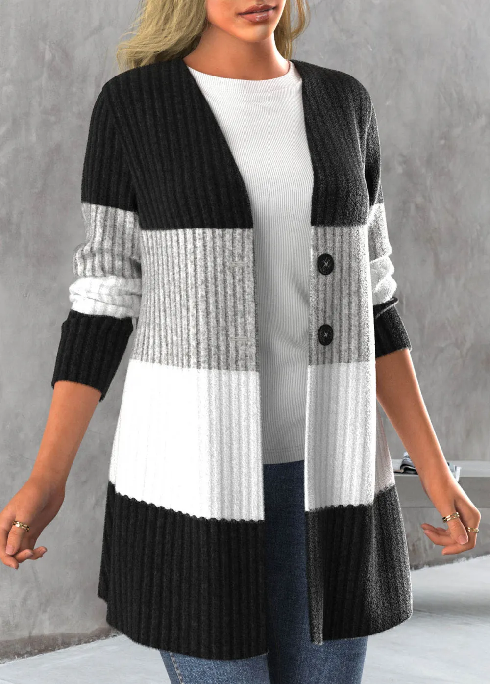 Black Button Contrast Color Long Sleeve Cardigan