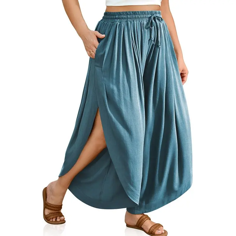 Women’s Linen Split Skirt Pants-High Waist, Wide-Leg, Boho Beachwear