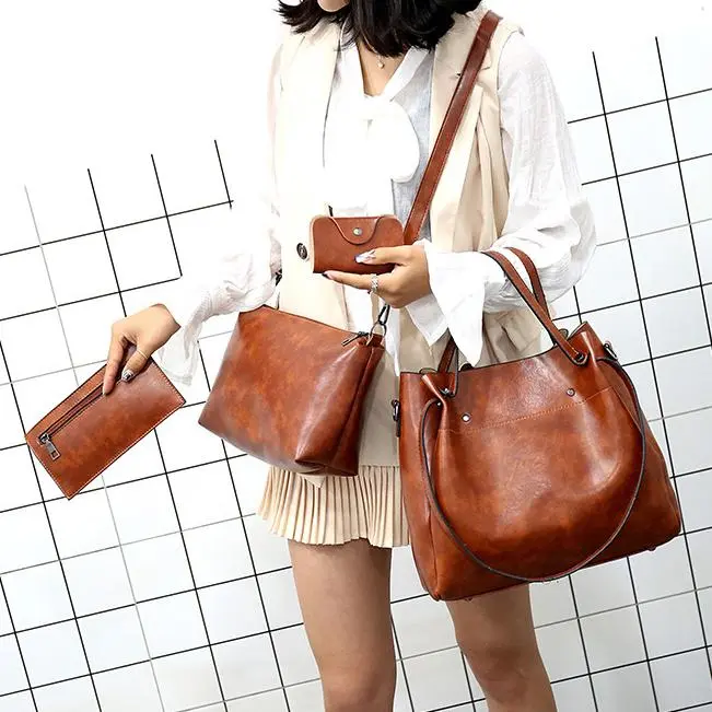 Ladies retro four-piece large-capacity Picture-mother bag, solid color handbag, one-shoulder diagonal bag