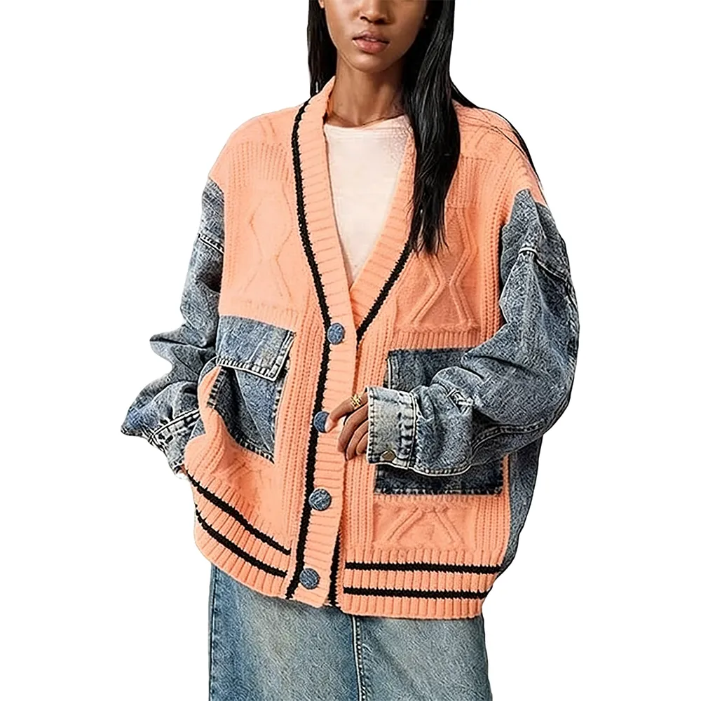 Unique Denim Patchwork Cable Knitted Coat