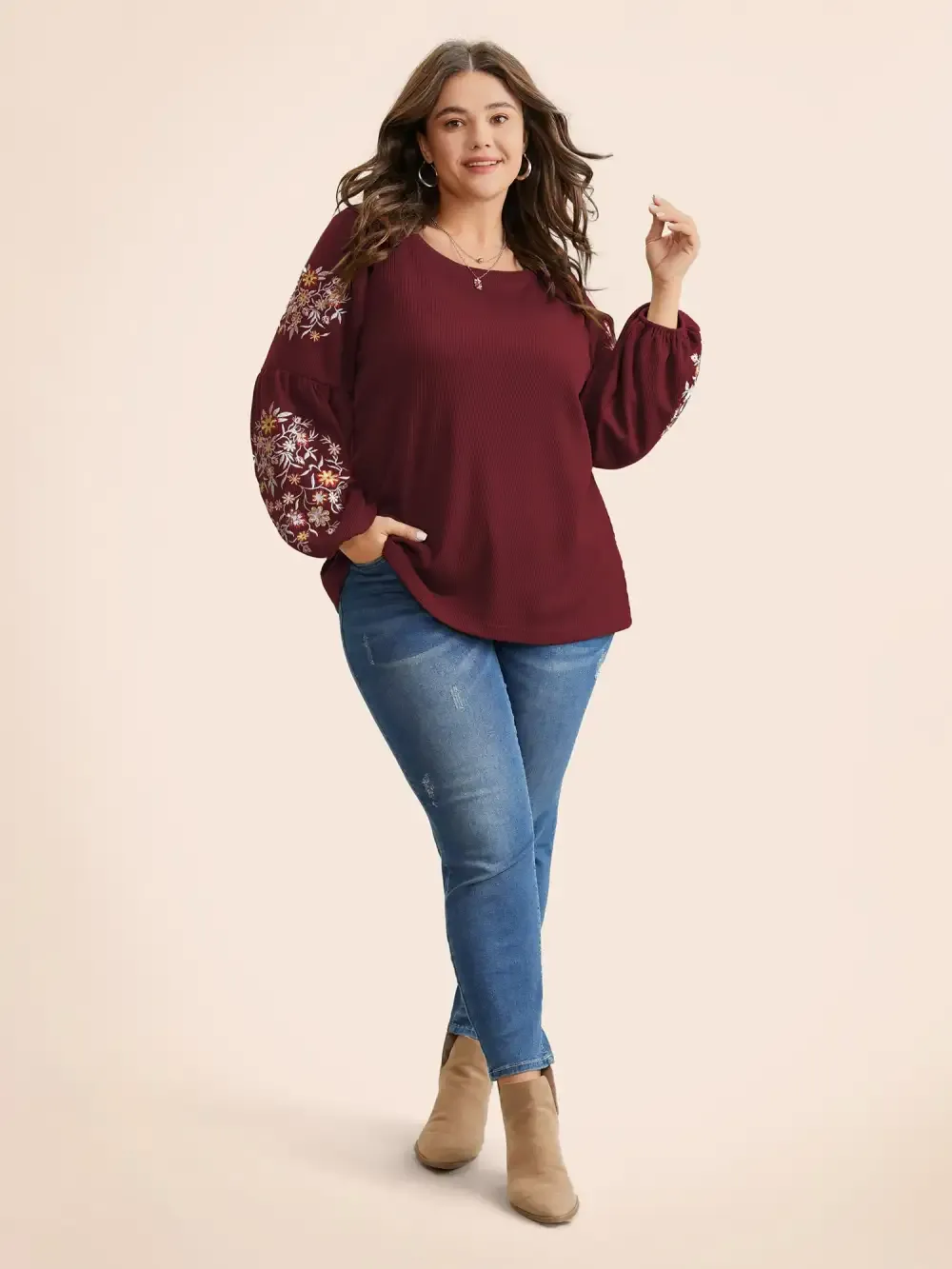 Waffle Knit Floral Embroidered Lantern Sleeve T-Shirt