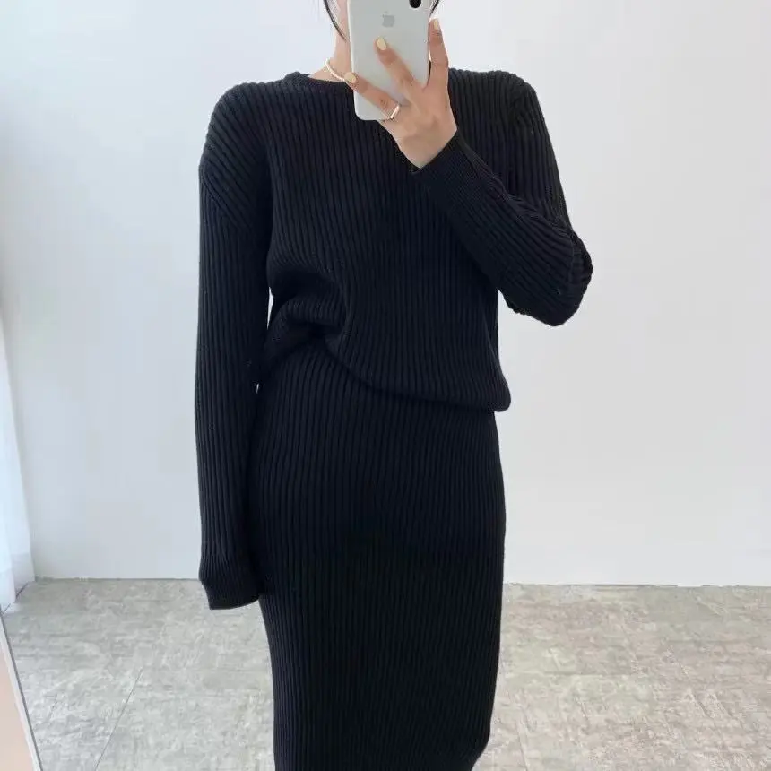 Retro simple skirt two piece set